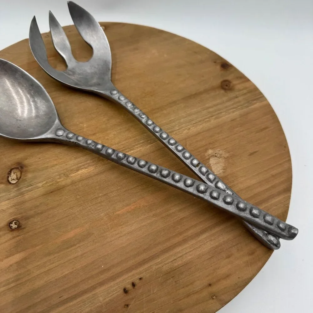 Vintage mid century modern pewter salad serve ware Table setting